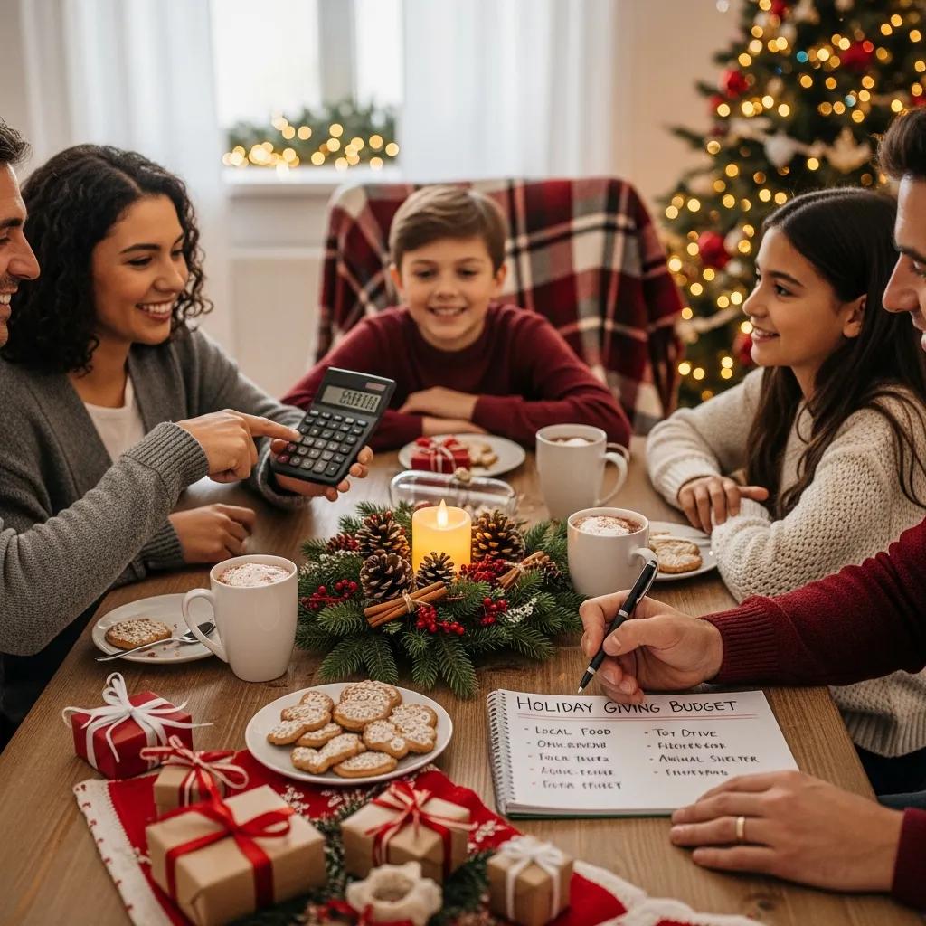 Family planning their holiday giving budget with festive decorations