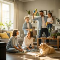 Family working together on household chores, highlighting the value of time and teamwork