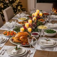 Festive holiday dining table with Christmas meal, evoking joy and celebration