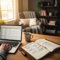 Freelancer working in a cozy home office with a laptop and coffee, symbolizing financial planning