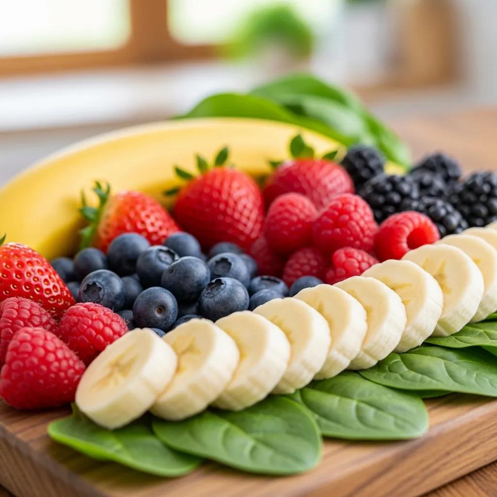Berries, bananas, and spinach on a cutting board &mdash; examples of fruits and vegetables that freeze well