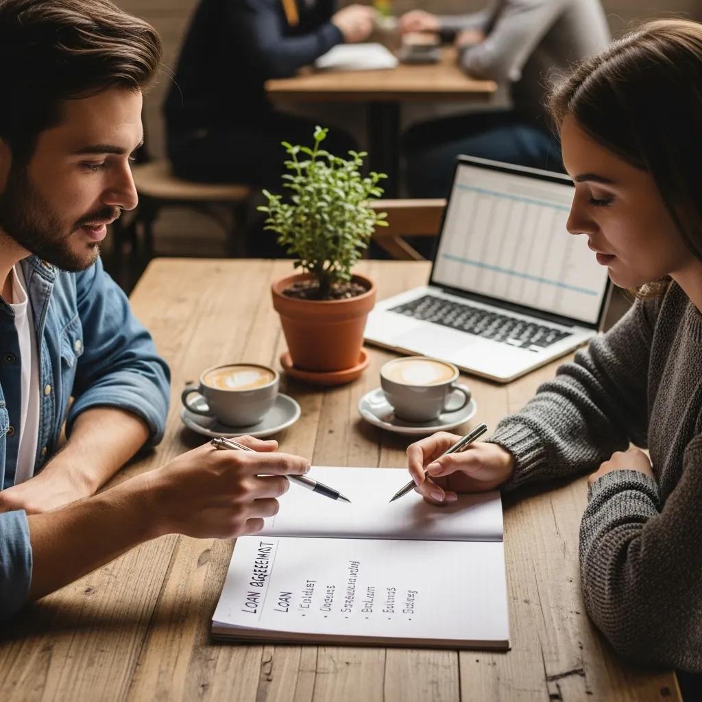 Two friends filling out a simple loan agreement together, focusing on clear expectations