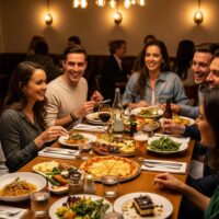 Friends enjoying a meal at a restaurant, highlighting the joy of dining out while managing finances and budgeting effectively.