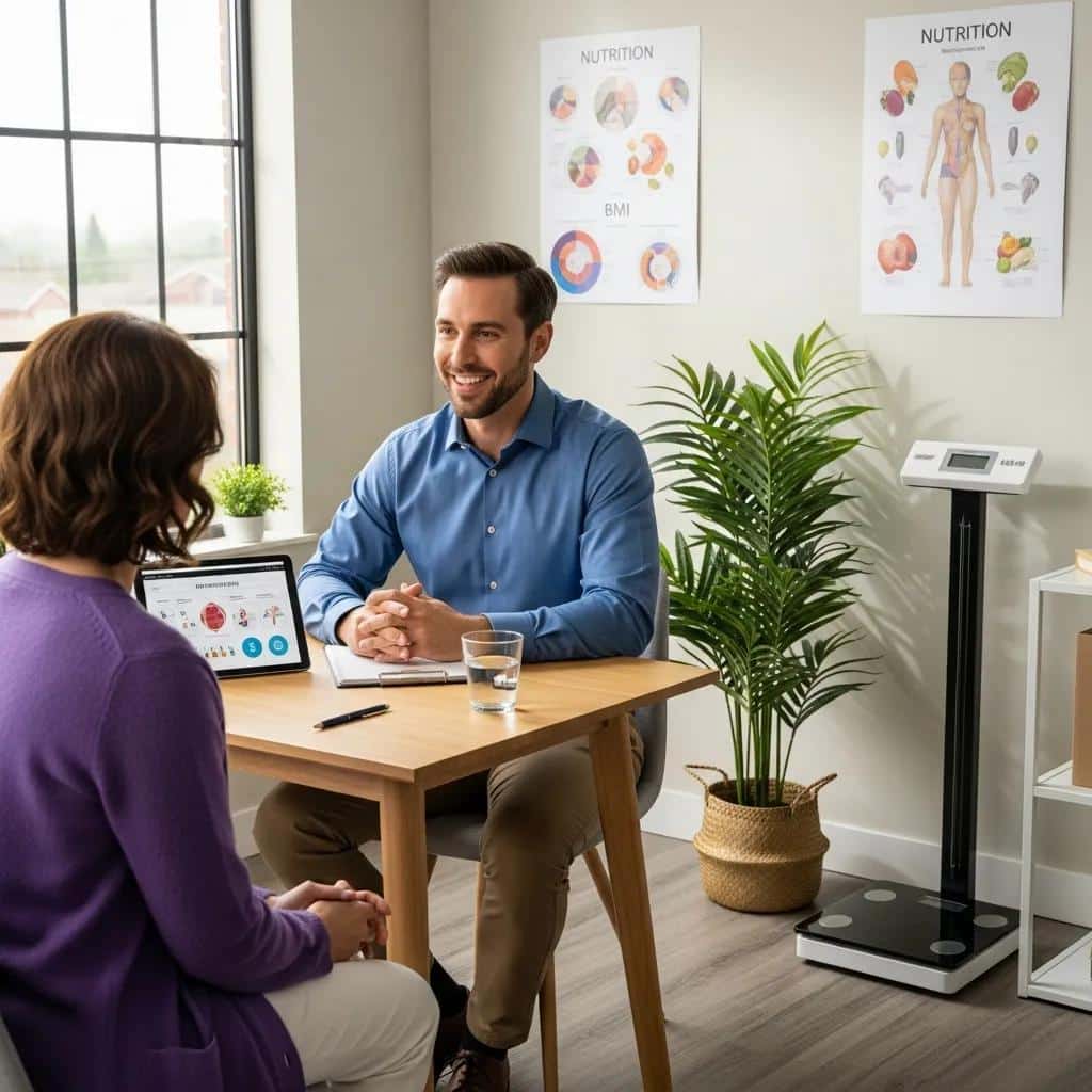 Clinician discussing weight management with a patient in an office