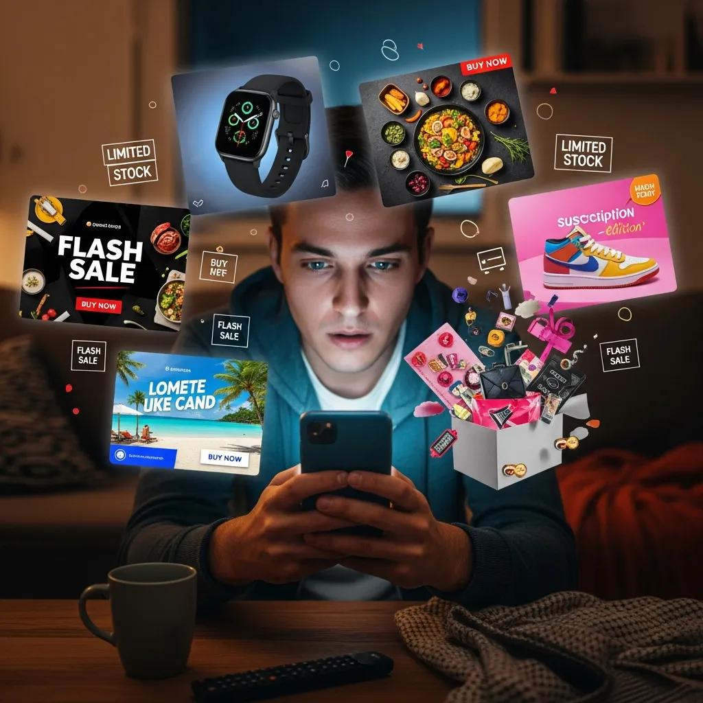 Person scrolling social media surrounded by product ads, showing how feeds spark impulse buys