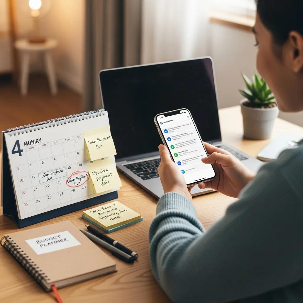 Someone tracking repayments with reminders and a budgeting app, emphasizing regular communication
