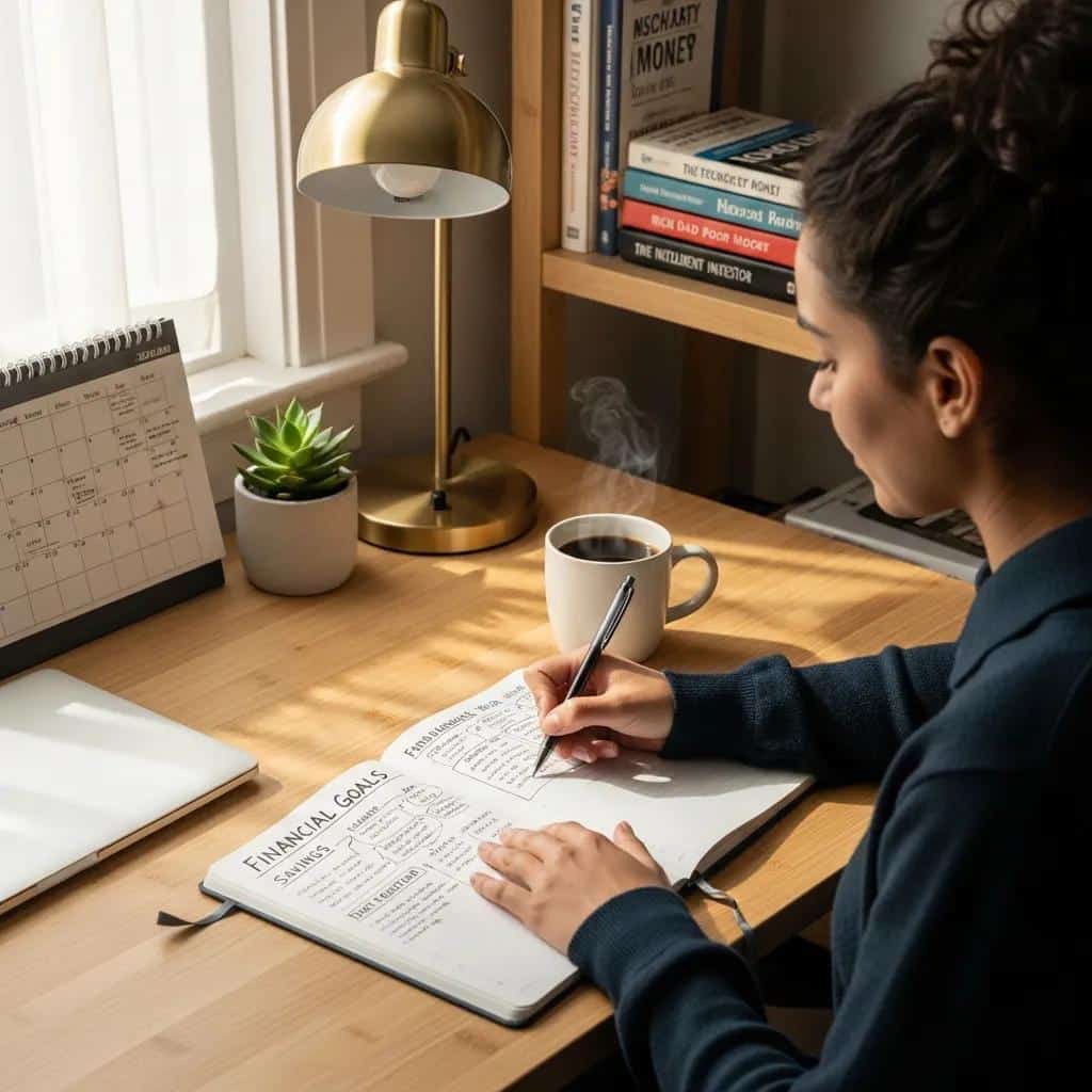 Person mapping financial goals on a desk calendar, illustrating long-term planning and deferred gratification