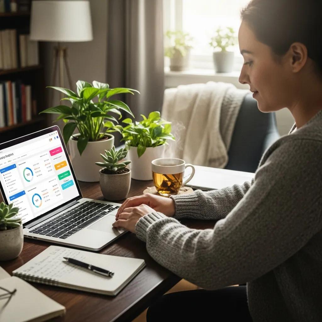 Person reviewing their budget at a tidy workspace to practice mindful spending