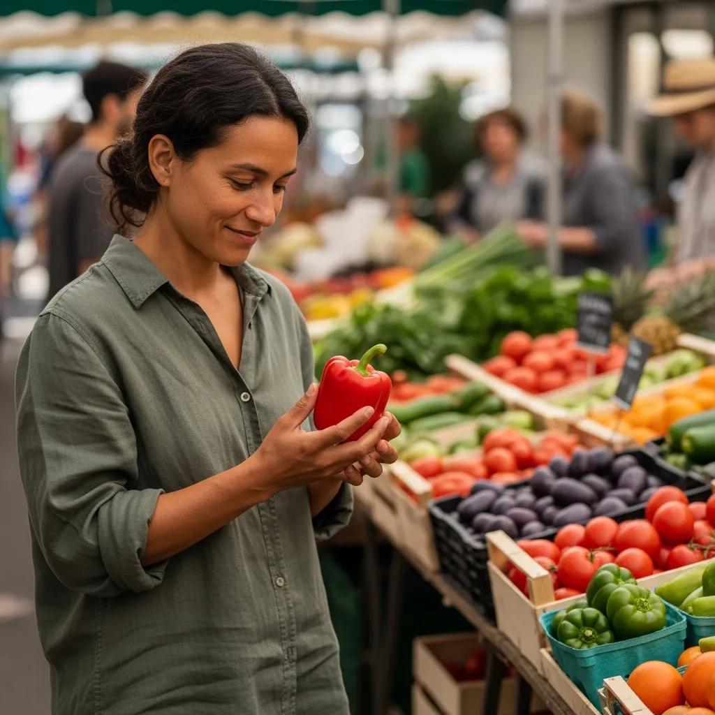 Individual practicing mindful spending while shopping at a market, illustrating the concept of financial peace