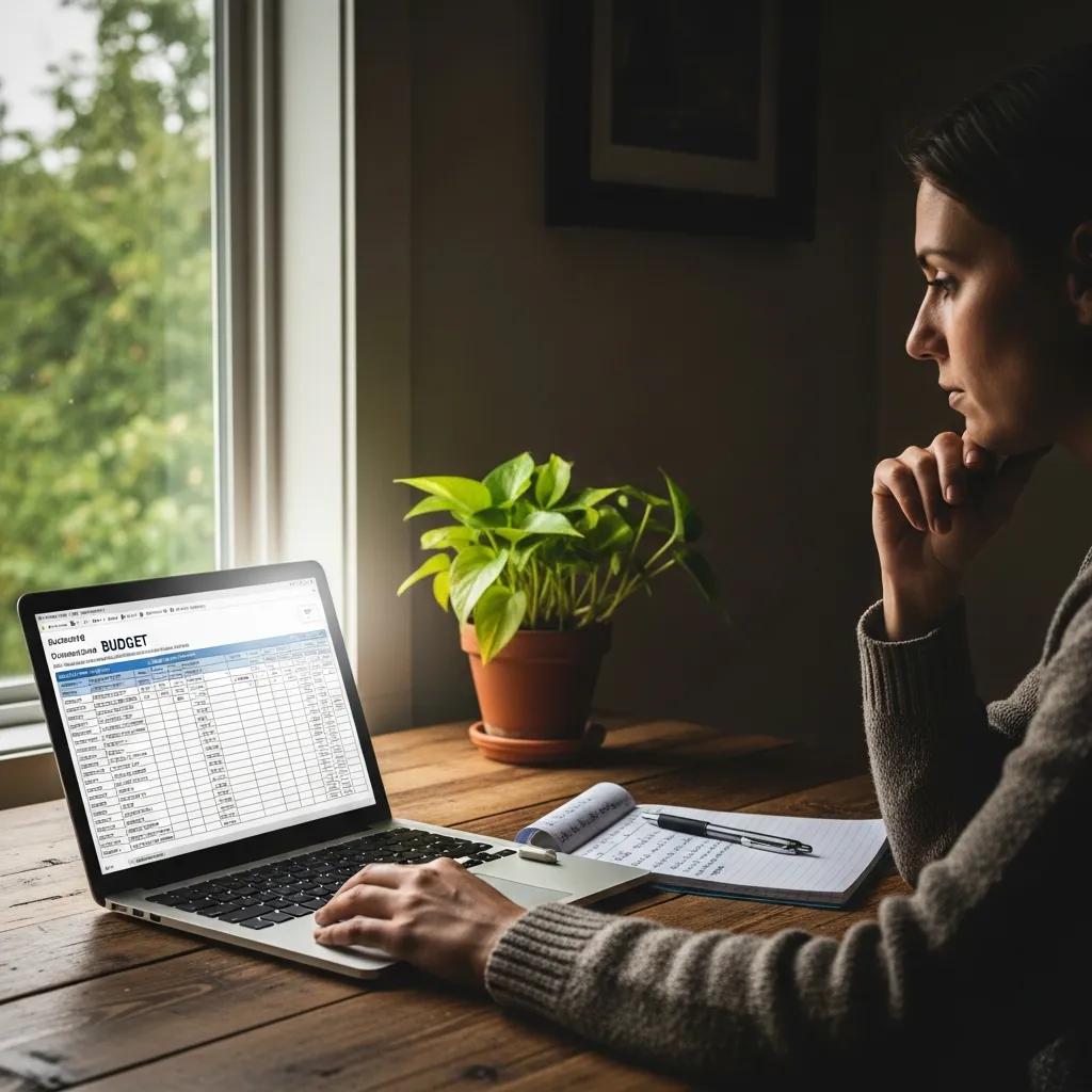 Person reviewing a tech budget on a laptop with a notepad nearby