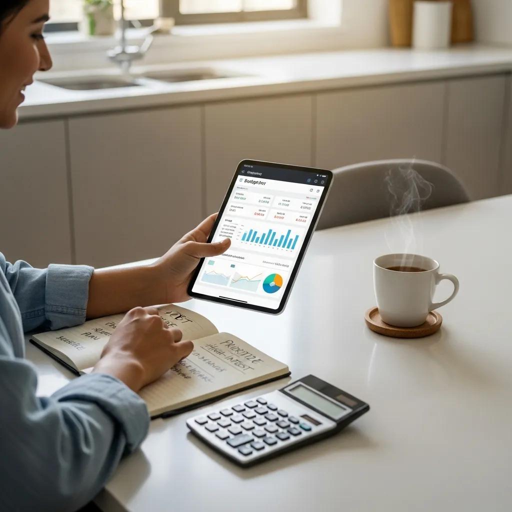 Person reviewing a budget on a tablet at a kitchen table, showing debt-payoff planning