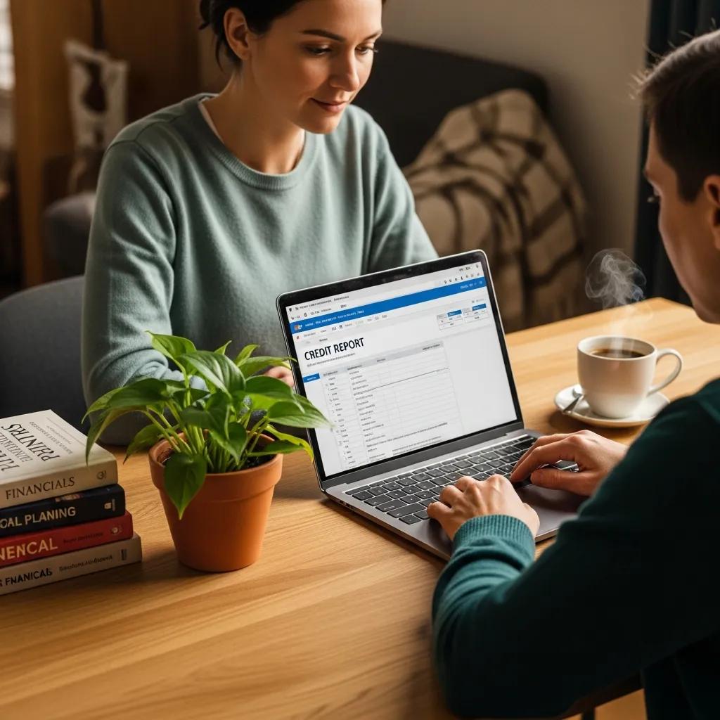 Person checking their credit report at a desk with a laptop and coffee