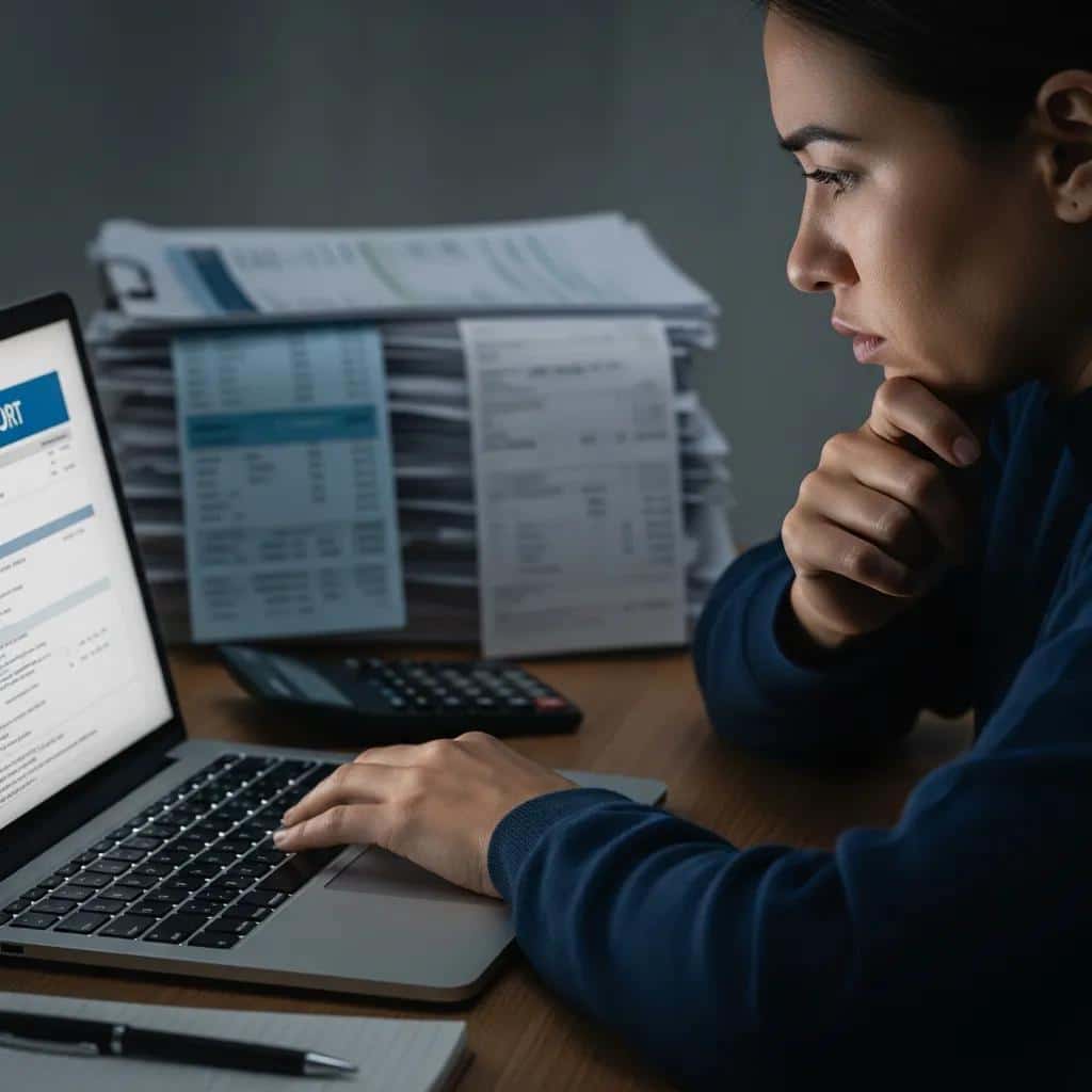 Person checking their credit report and feeling concerned about balances