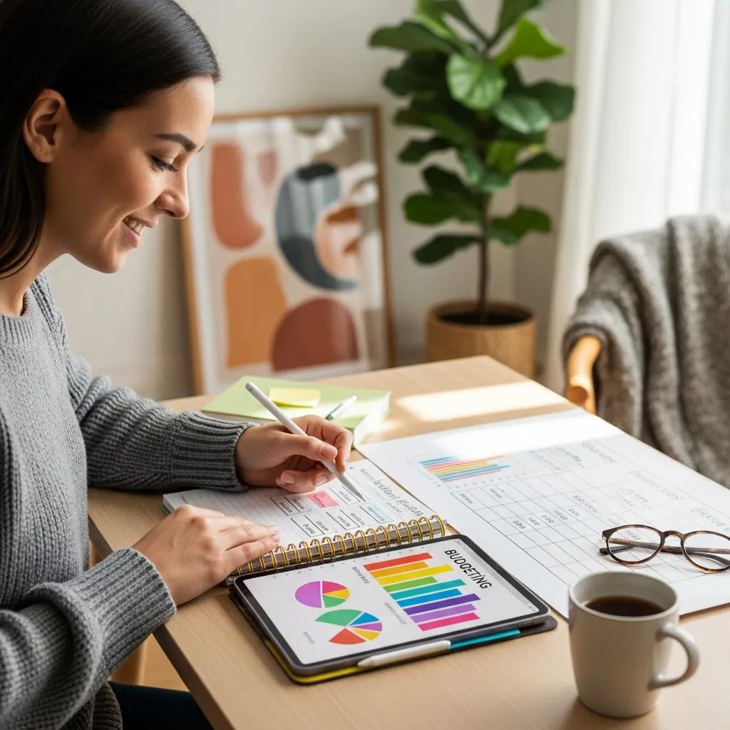 Person using a visual, calendar-based budgeting tool at a tidy desk