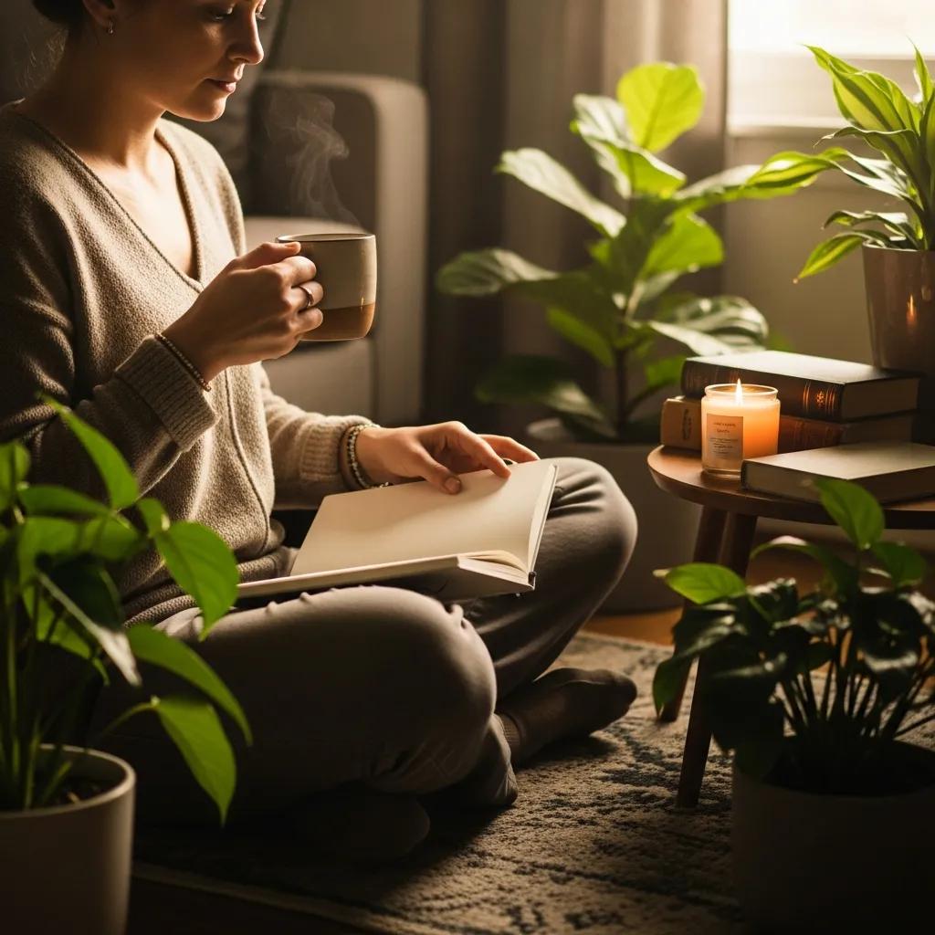 Mindful consumption scene with a person reflecting on financial values in a cozy setting