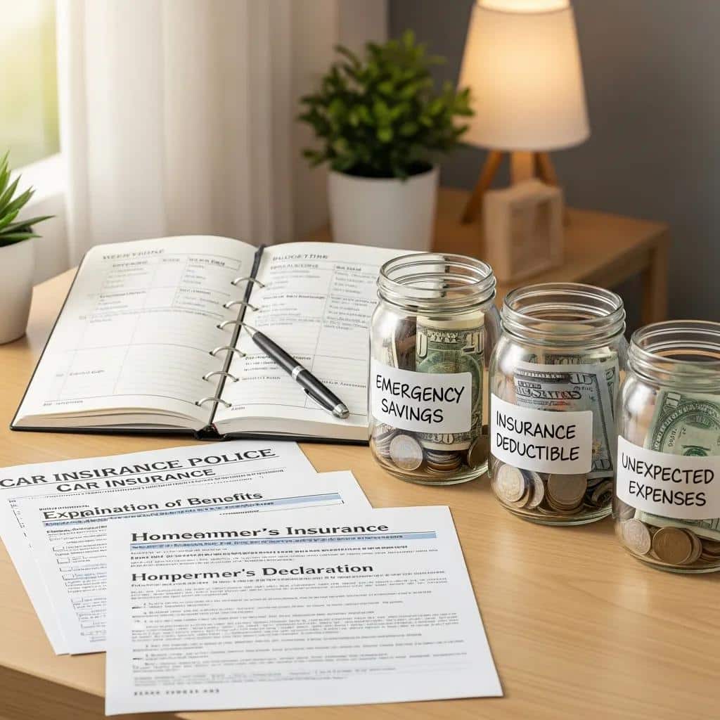 Neatly arranged savings jars, a notebook, and budgeting tools for building an emergency fund