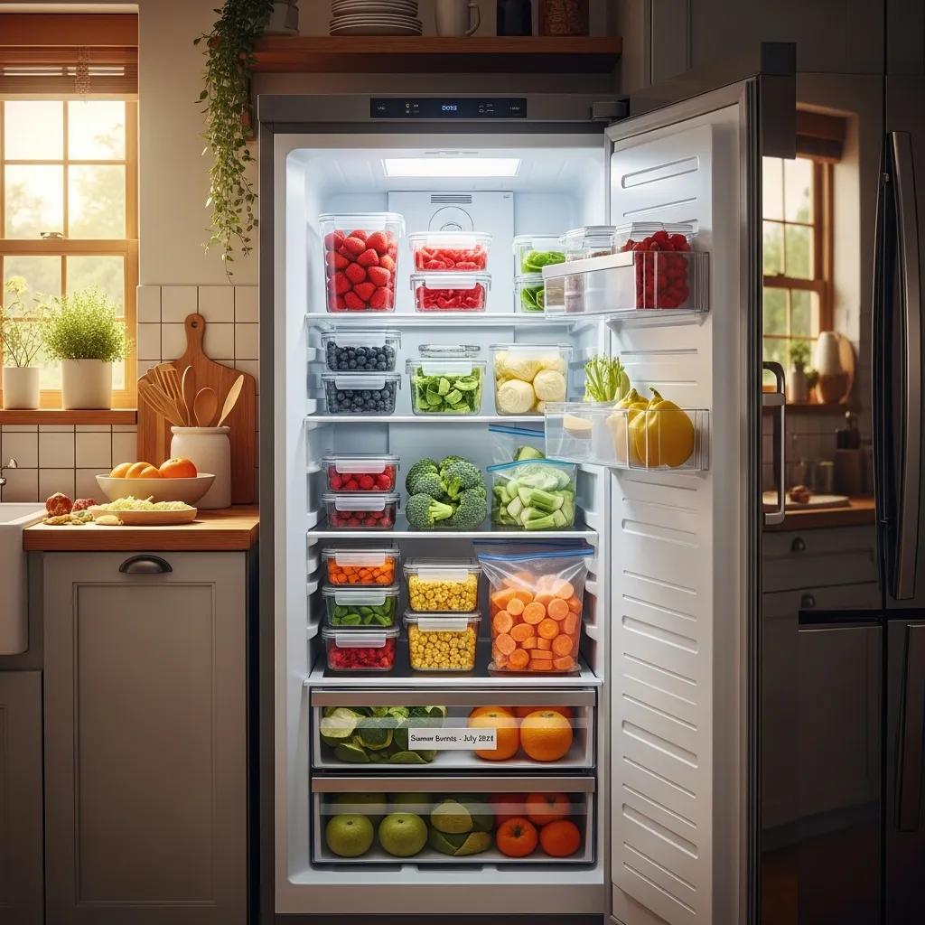 Organized freezer filled with colorful frozen fruits and vegetables, highlighting food storage tips