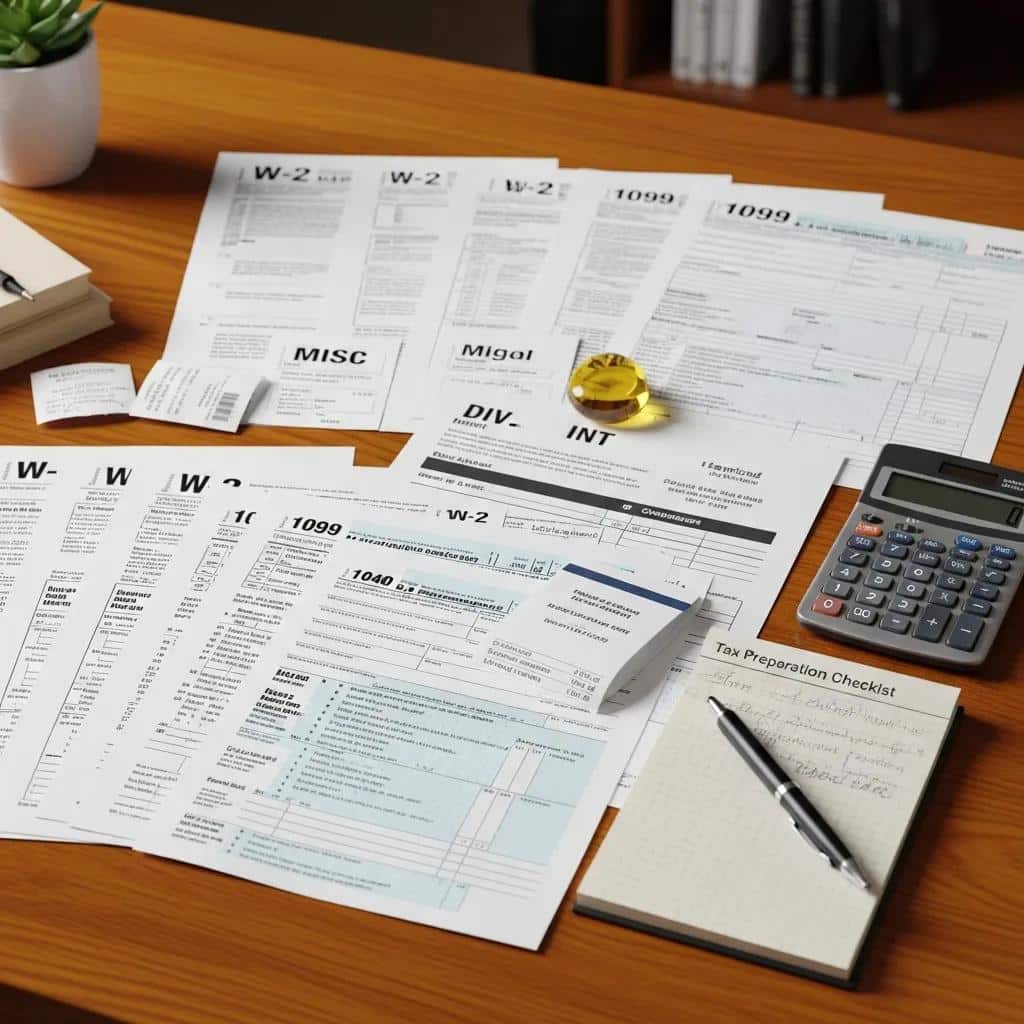 Organized tax documents including W-2 and 1099 forms on a table