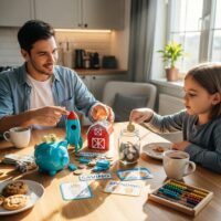 Parent and child discussing financial responsibility with piggy banks on the table