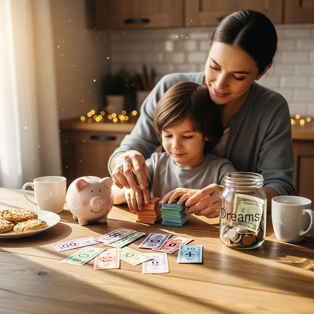 Parent and child engaging in a money management activity with play money and a piggy bank