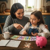 Parent and child doing a money activity with play money and a piggy bank