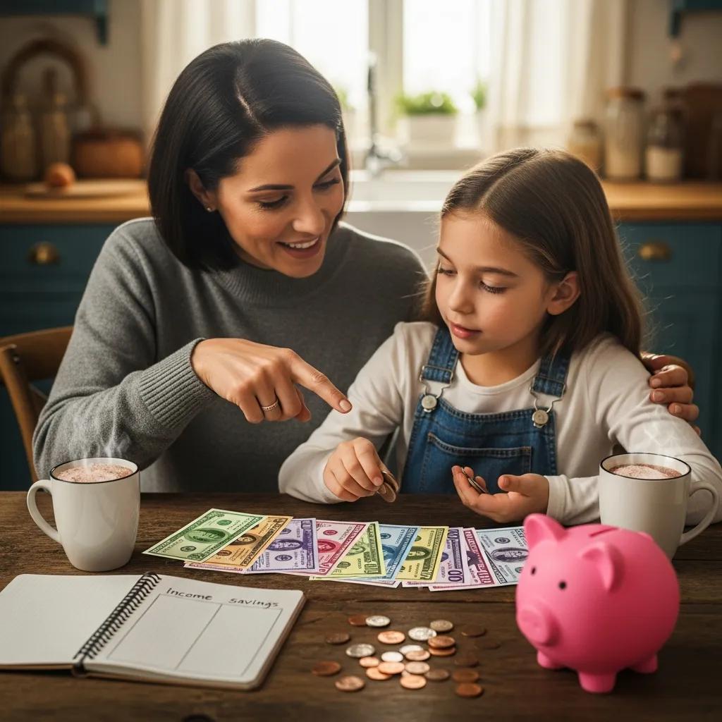 Parent and child doing a money activity with play money and a piggy bank