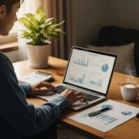 Person analyzing financial documents at a cozy workspace, emphasizing financial growth