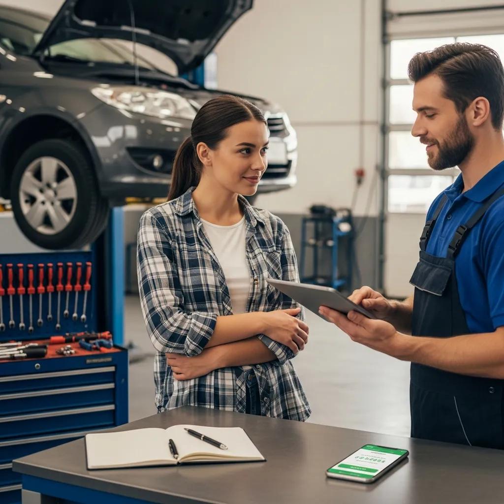 Customer talking with a mechanic about a car repair, showing why emergency savings are useful