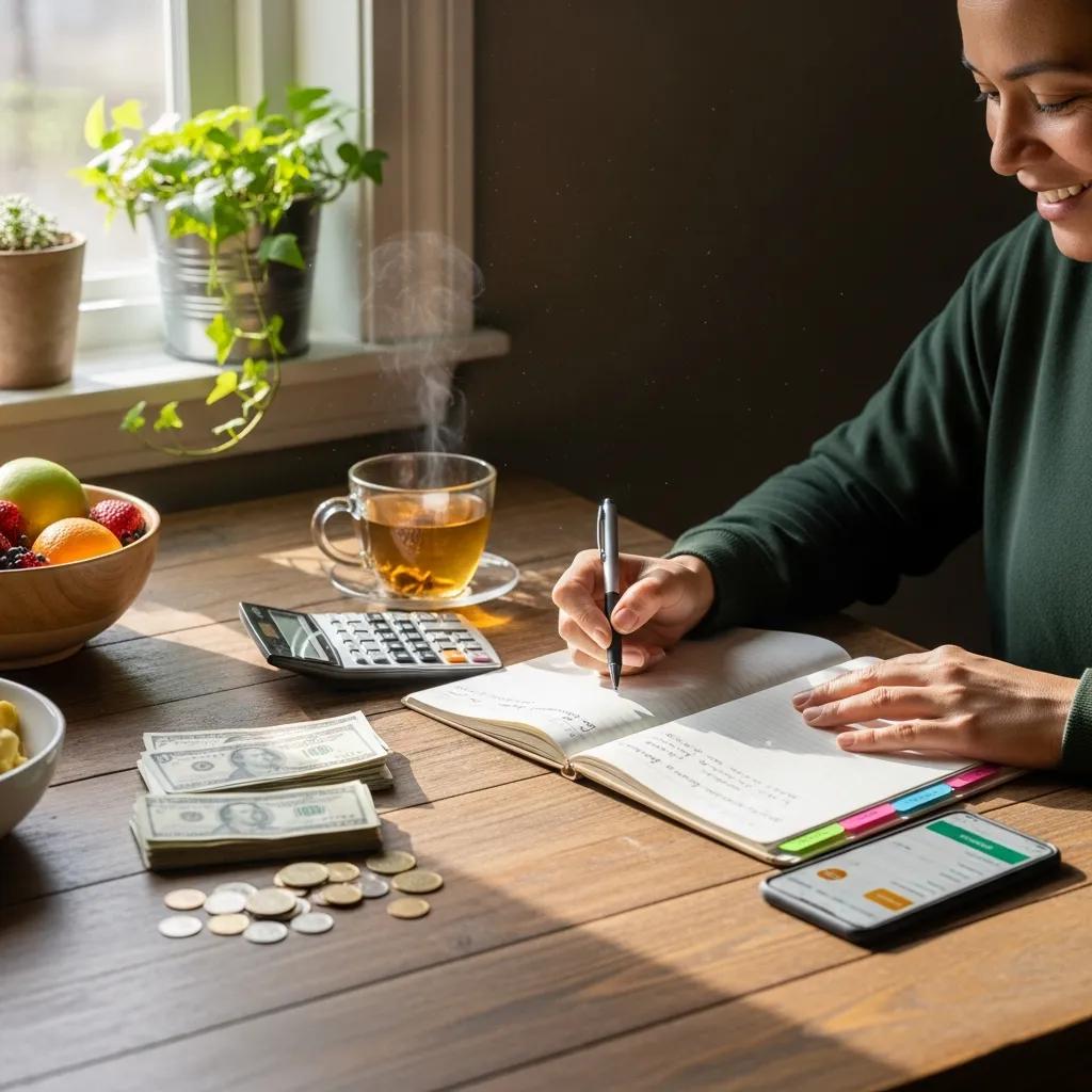 Someone working through a budget at the kitchen table, demonstrating mindful money habits