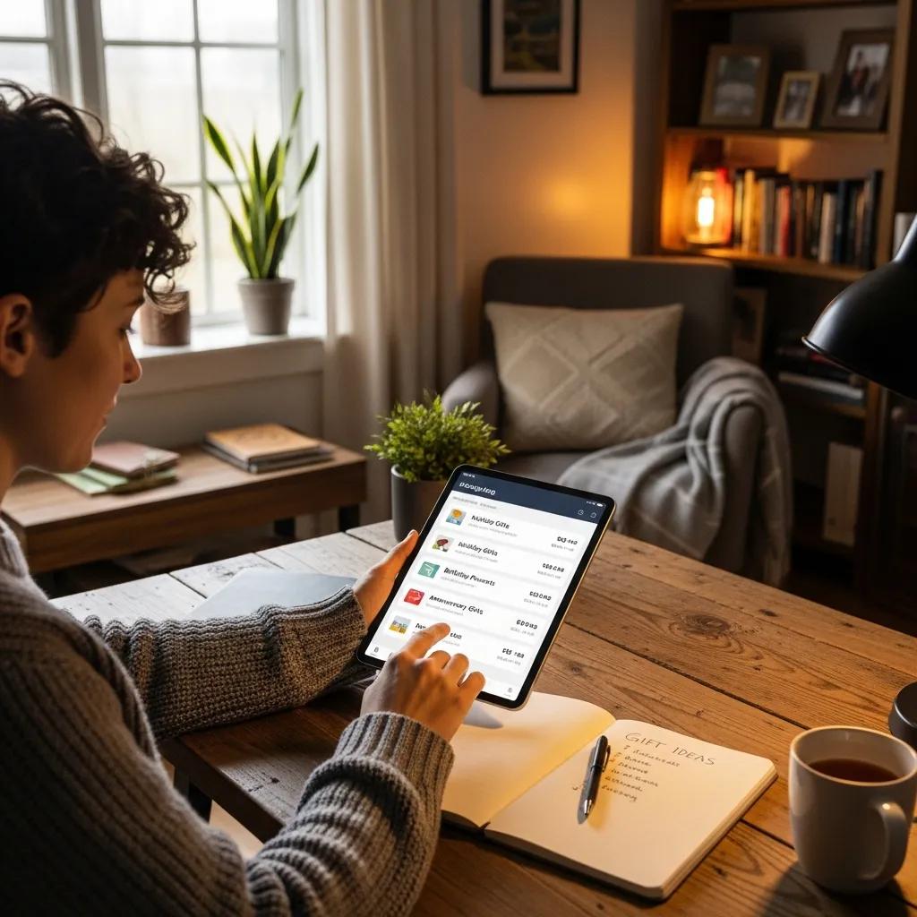 Person planning gift spending on a tablet in a cozy home office