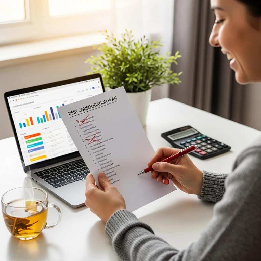 Person smiling while checking progress on debt repayment in a bright workspace