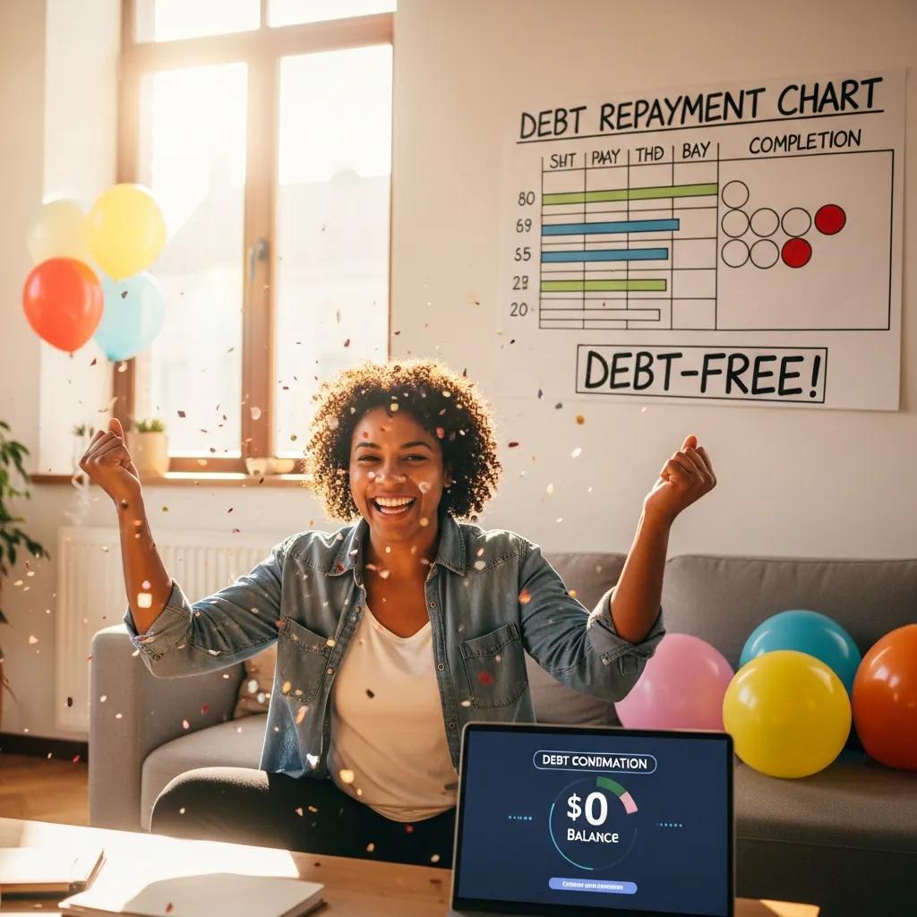 Person celebrating paying off debt, with a chart showing progress