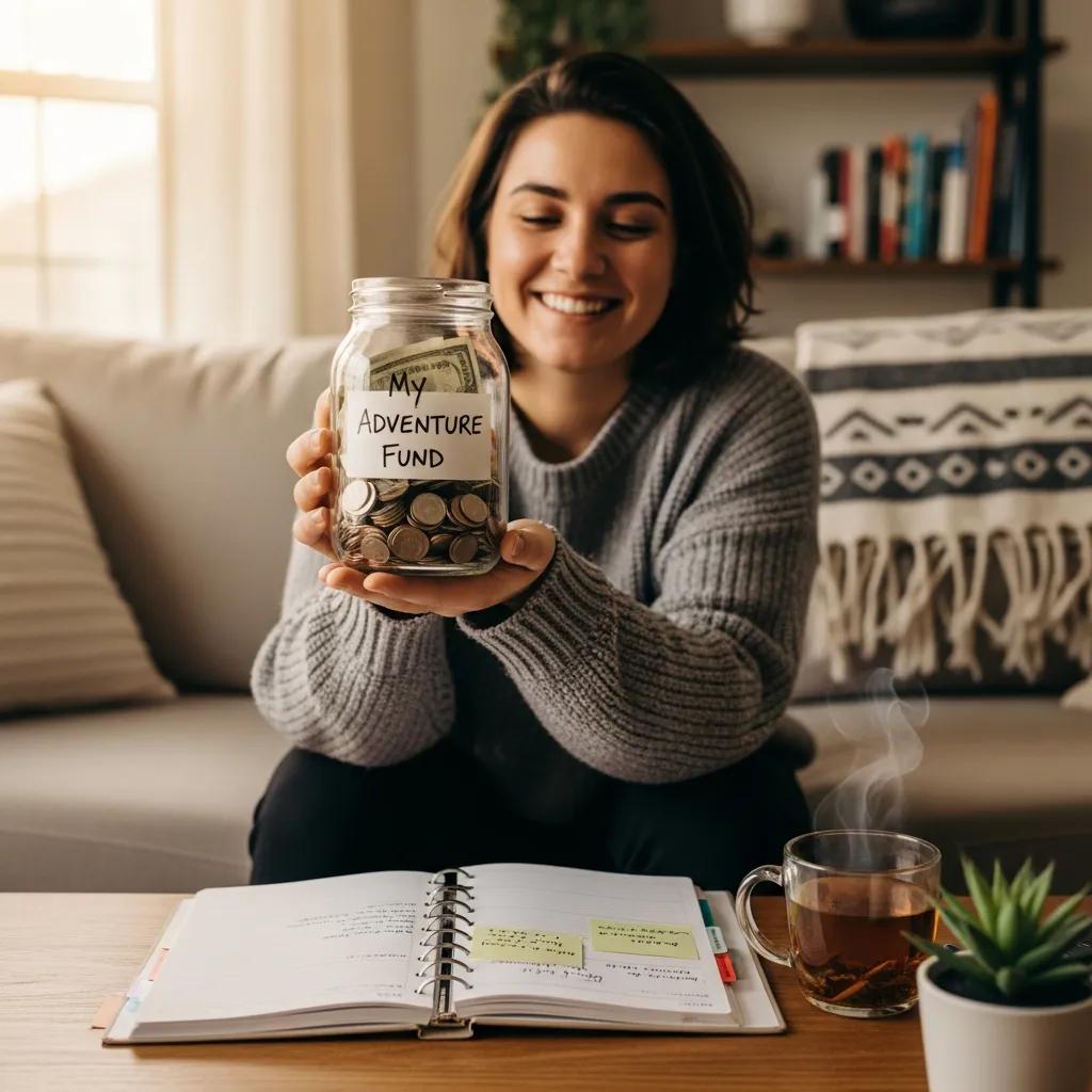 Person smiling while holding a jar labeled "My Adventure Fund" filled with coins, sitting in a cozy home environment with a planner and a cup of tea, illustrating financial planning and celebrating small savings.