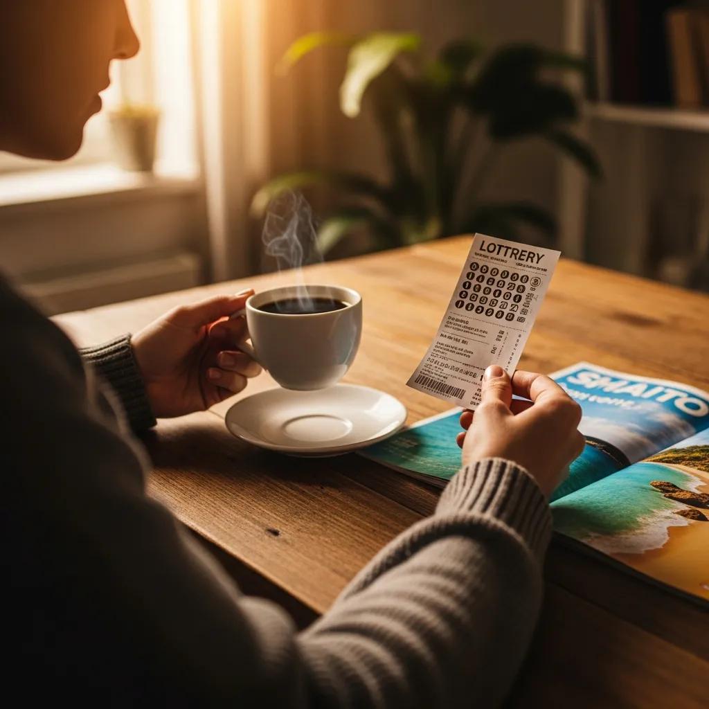Person contemplating financial choices between lottery tickets and holiday planning