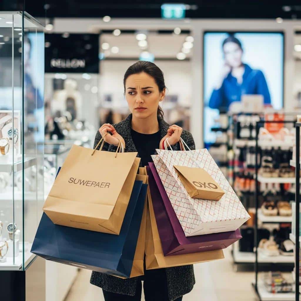 Shopper pausing before a purchase, weighing the cost to savings and budgeting goals
