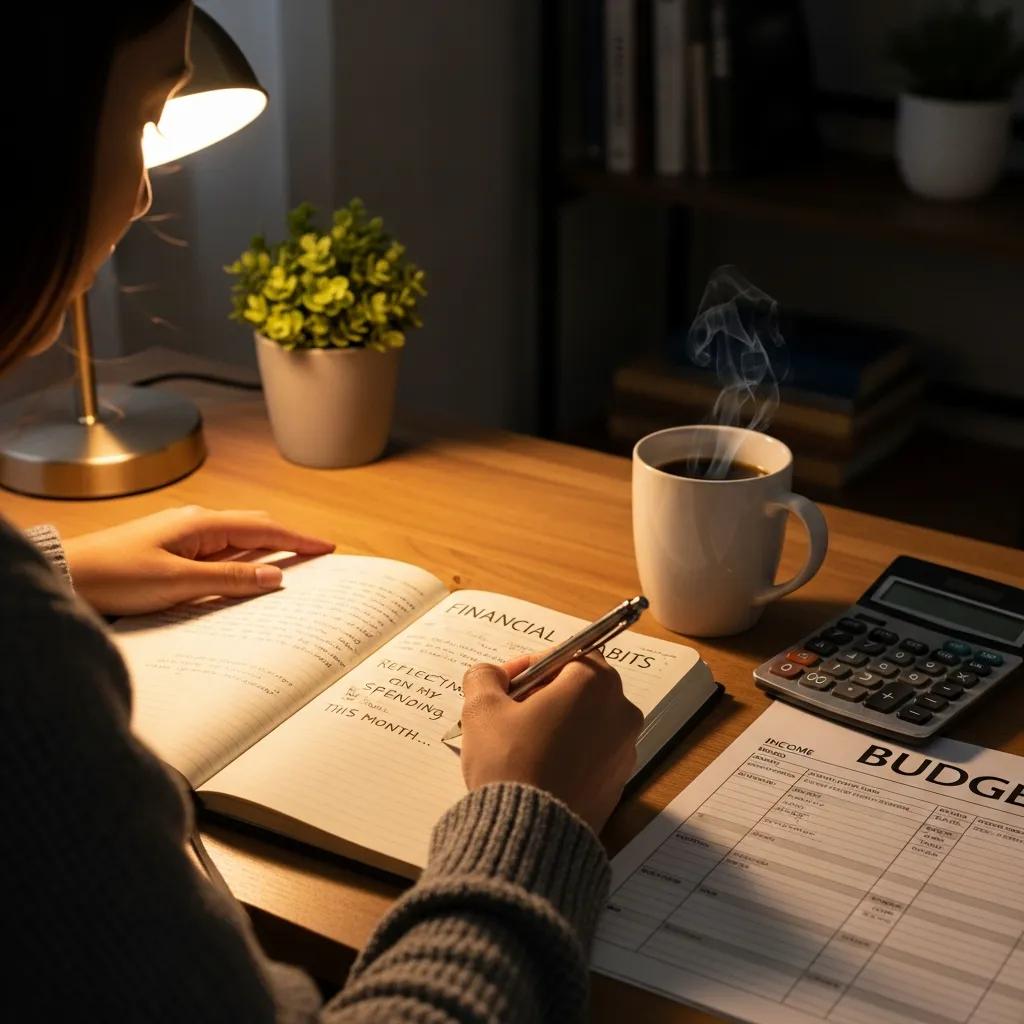 Person writing in a journal about money habits in a warm workspace