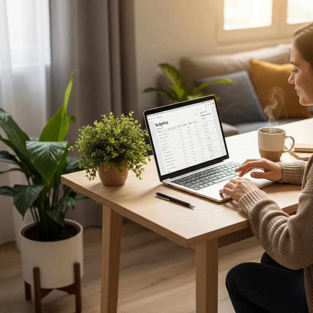 Person calmly reviewing finances at a desk, feeling more in control and less stressed
