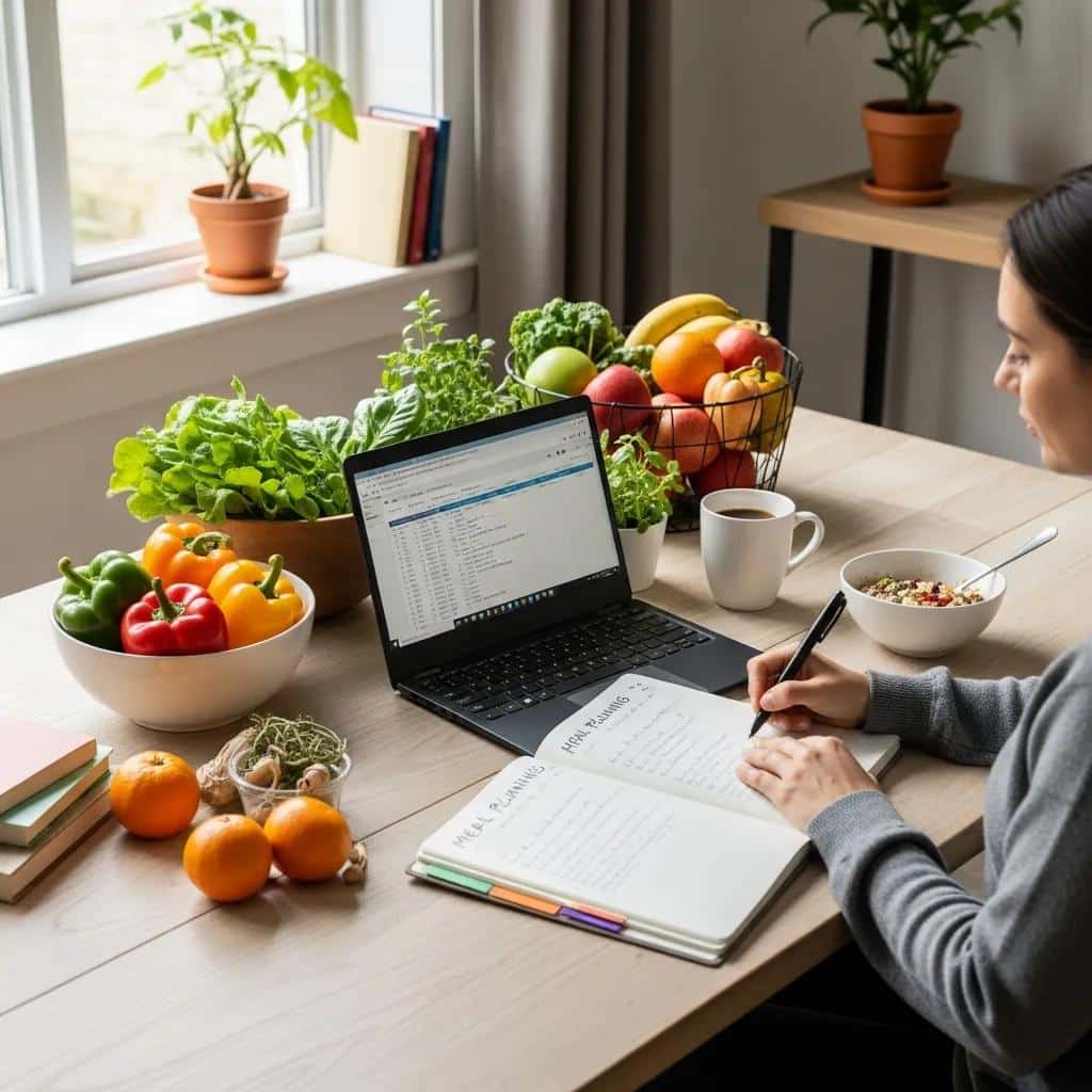 Person planning meals with fresh ingredients and a notebook