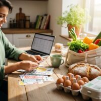 Person organizing coupons at a kitchen table with grocery items, representing extreme couponing strategies