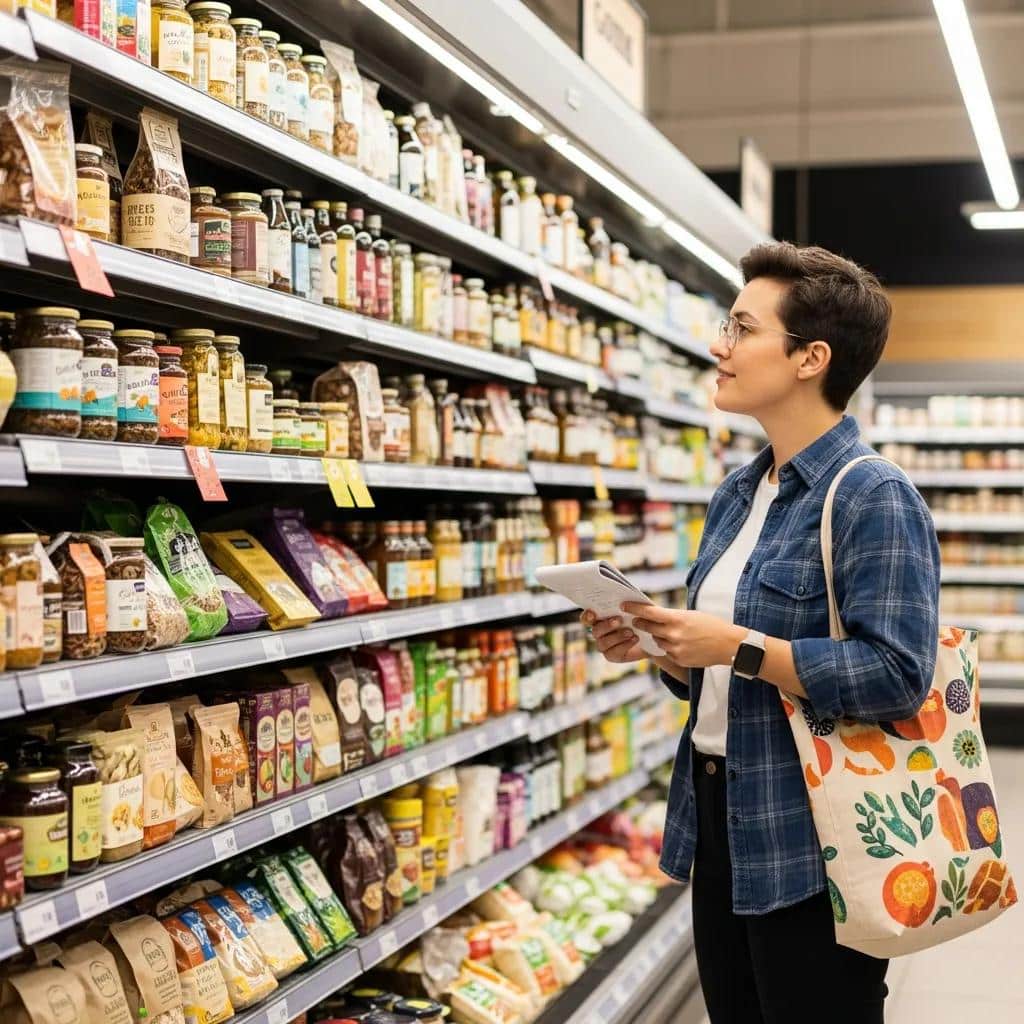 Person shopping with a list and practicing mindful spending
