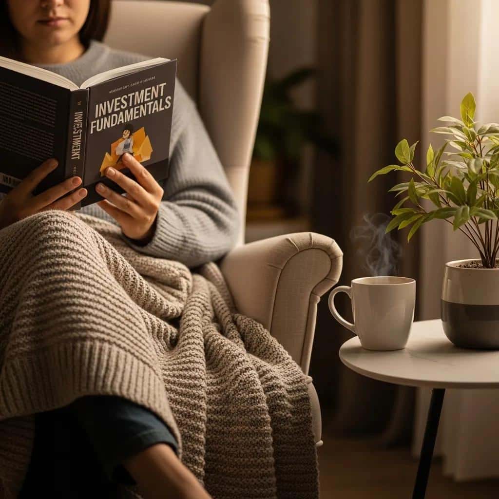 Person reading a book about investing basics in a relaxed setting