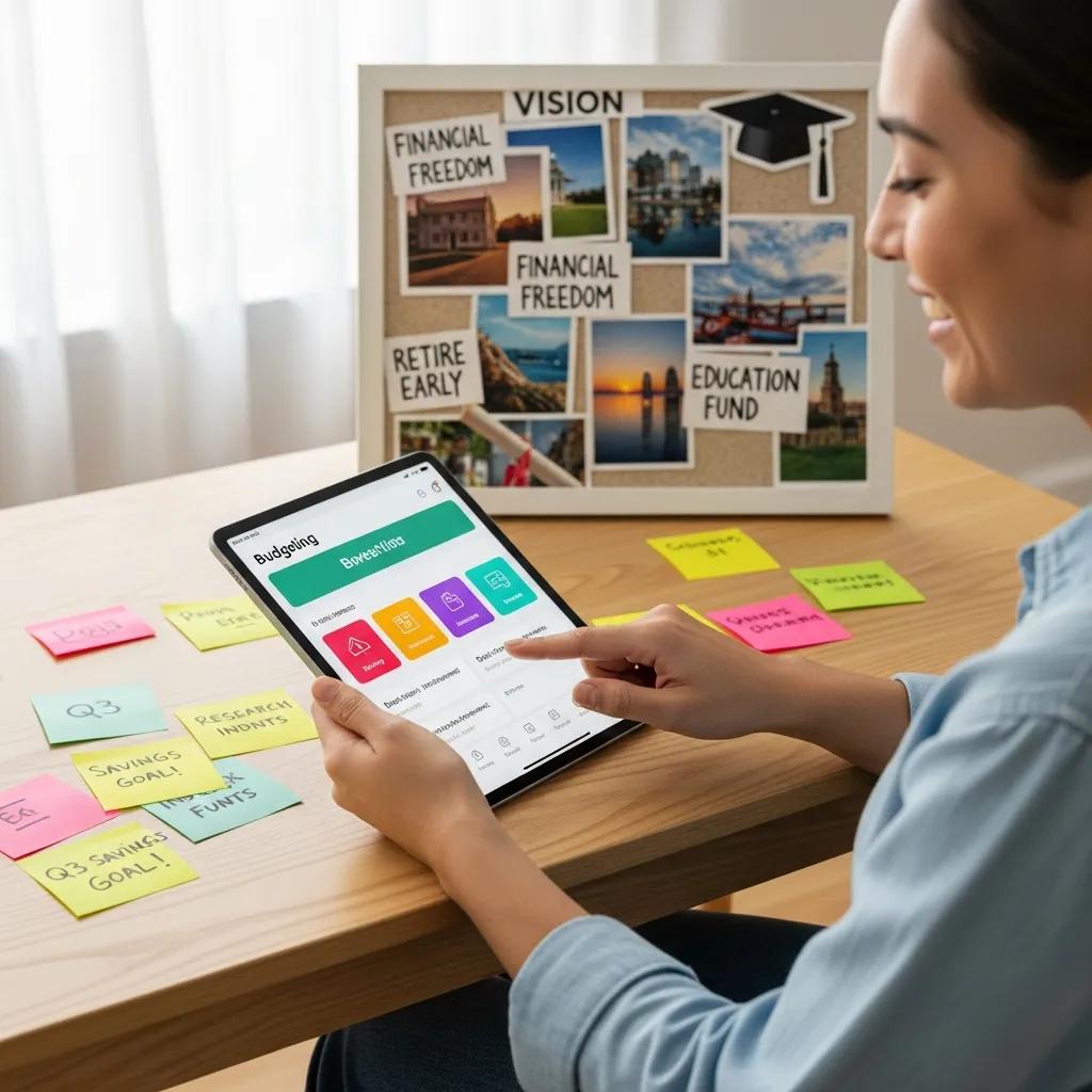 Person reviewing budget on a tablet with sticky notes and vision board, highlighting goal-based budgeting