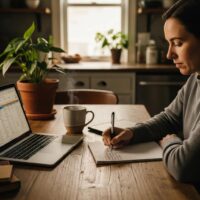 Person reviewing finances at a cozy kitchen table, emphasizing conscious spending
