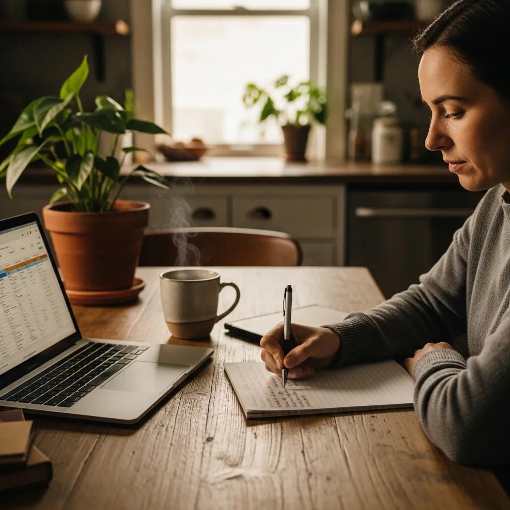 Person reviewing finances at a cozy kitchen table, emphasizing conscious spending