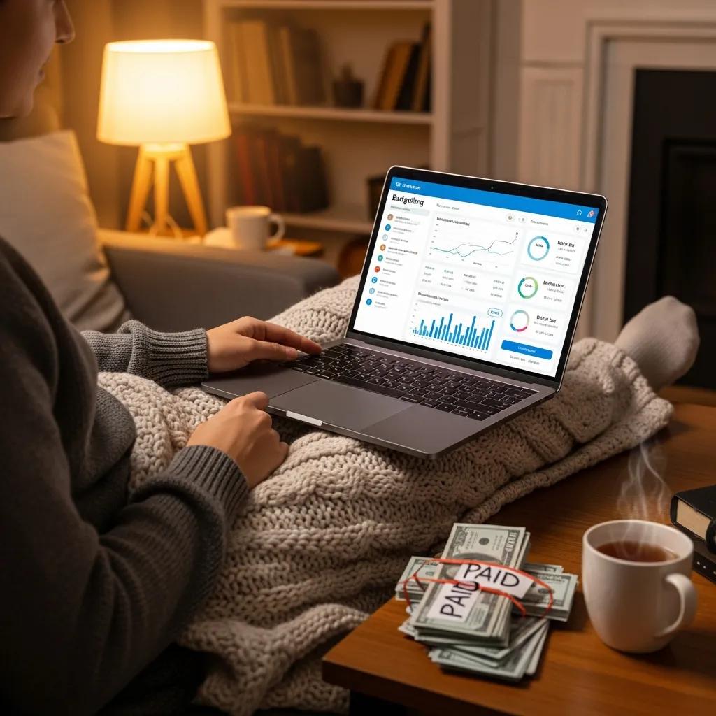 Person looking at a budgeting app on a laptop while reviewing finances in a living room