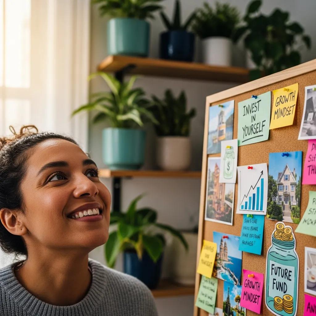 Person smiling at a vision board with financial goals, illustrating positive money planning