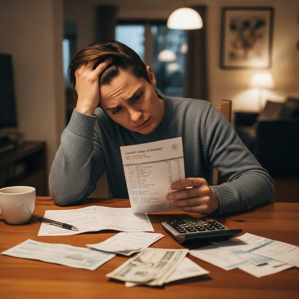 Person worried over credit card bills and statements &mdash; illustrating common mistakes