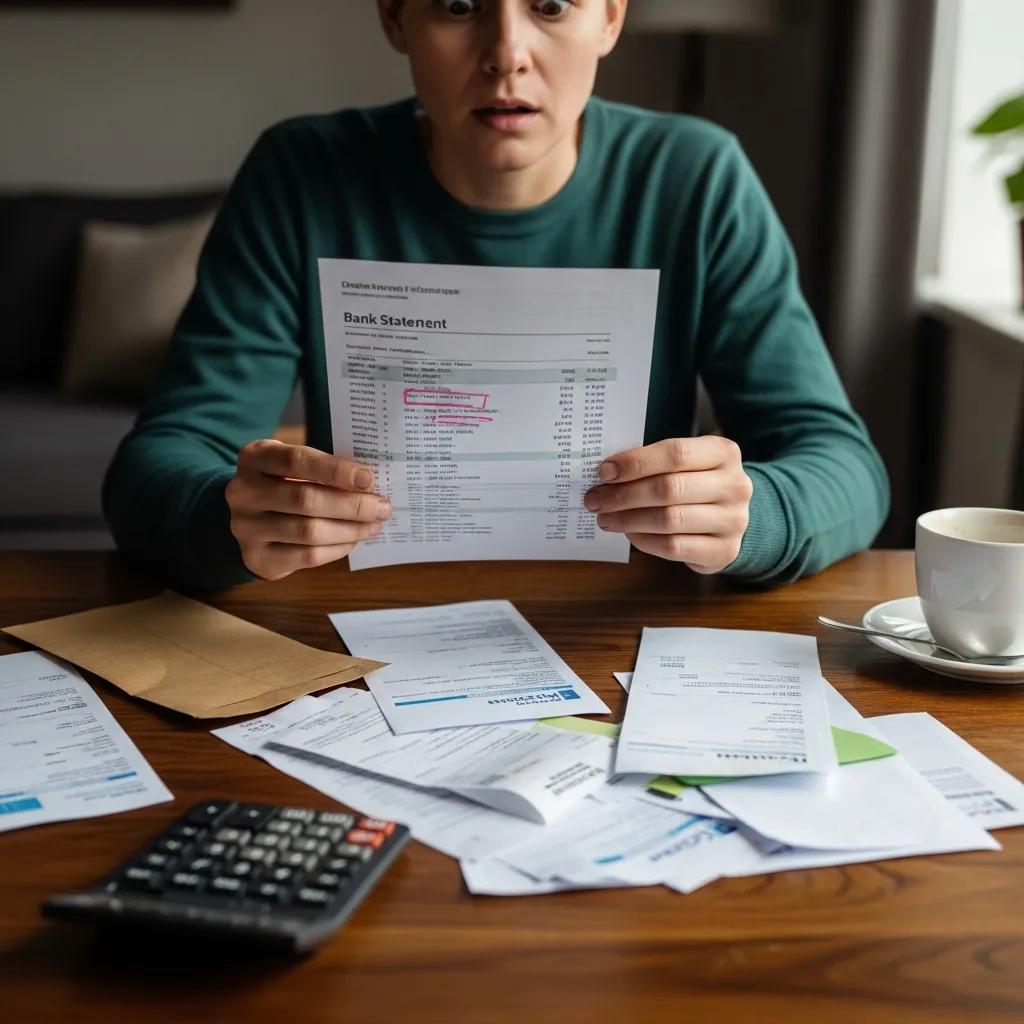 Person surprised while reviewing a bank statement, noticing unexpected charges