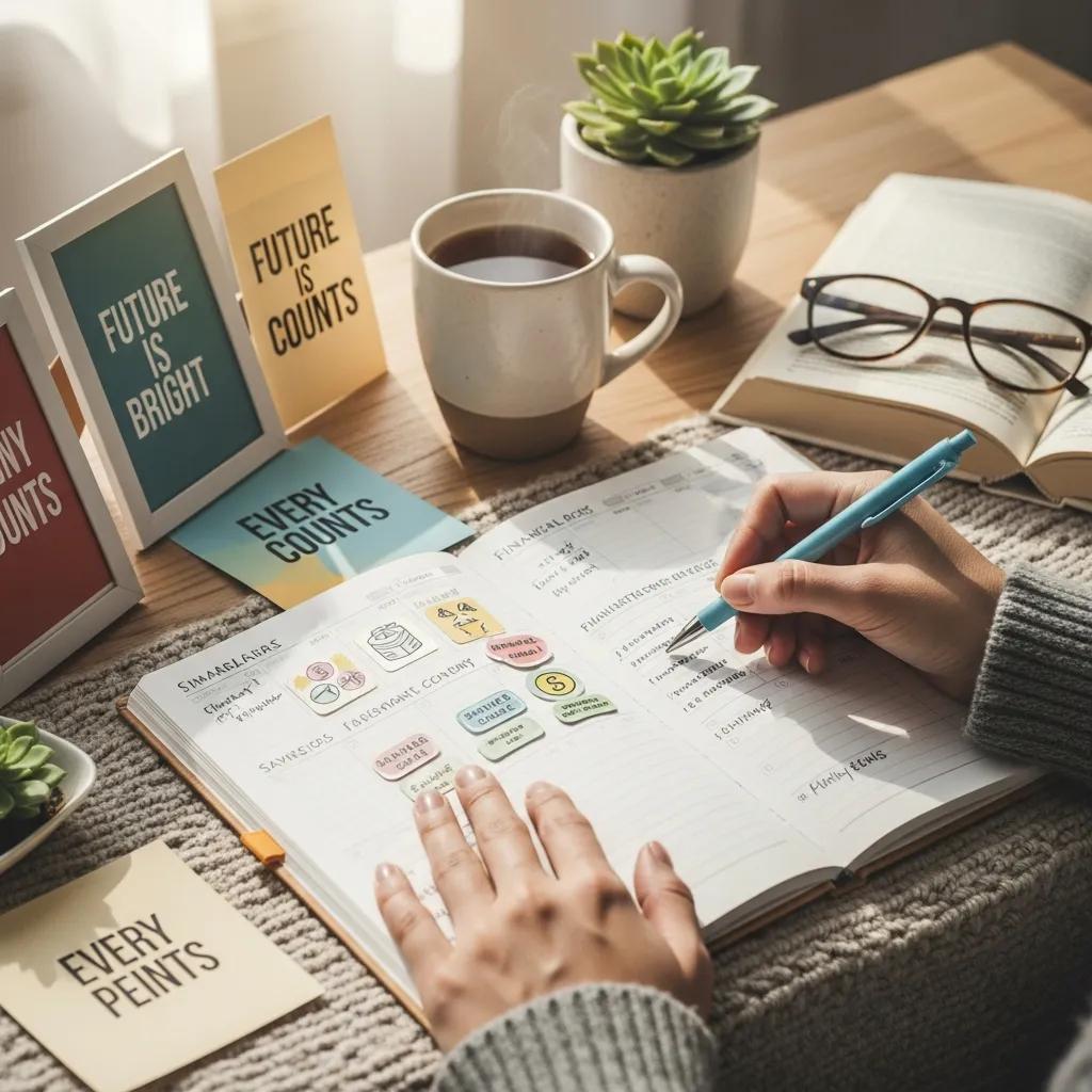 Person checking a planner and tracking budget progress in a cozy setting