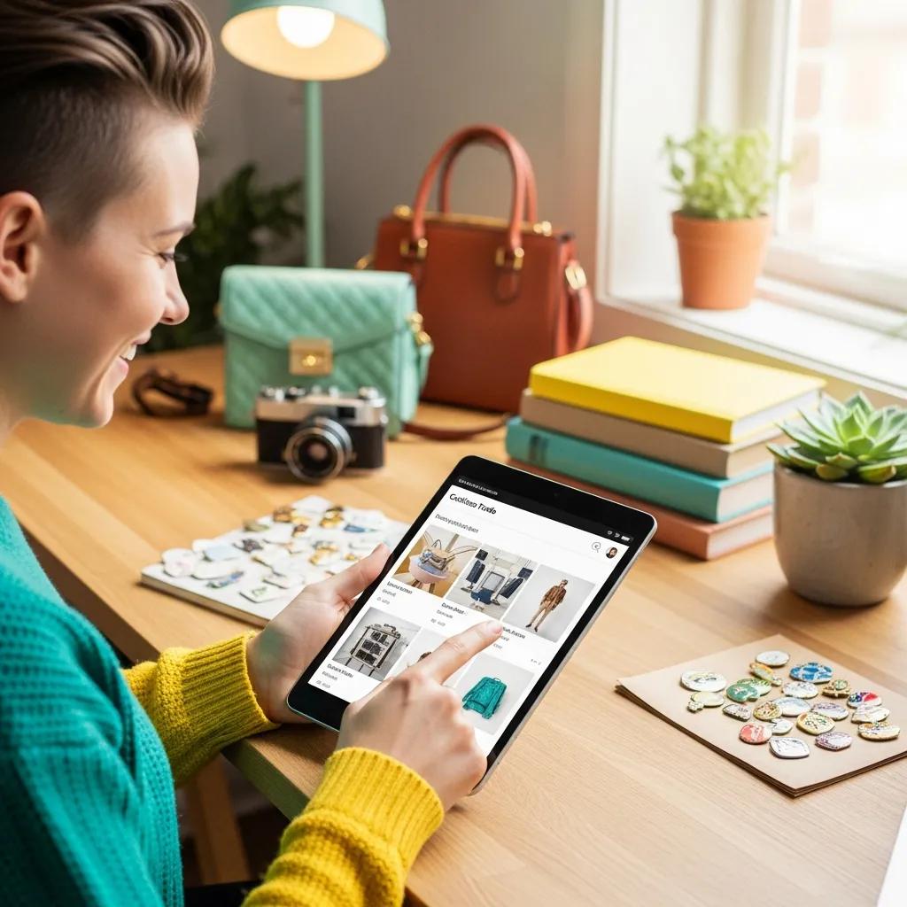 Person trading items online using a tablet in a bright and organized workspace